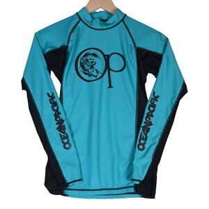 OP Ocean Pacific Surf Shirt Retro S Teal Black Long Sleeve Rashguard Swim Top